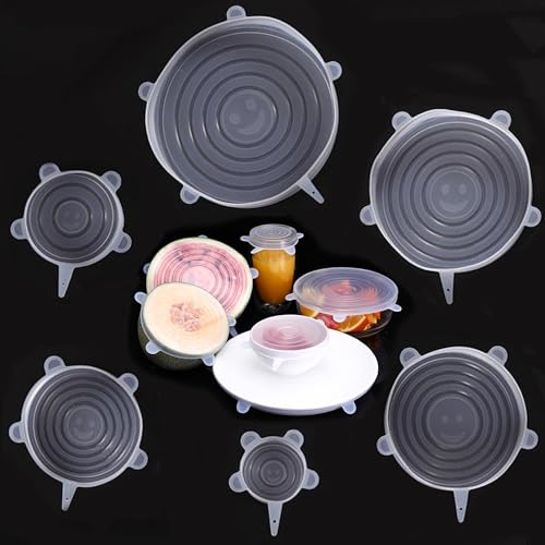 Silikondeckel,KEUGT Silikondeckel Dehnbar,6er Set Verschiedenen Größen Stretch Deckel,Silikonbehälterdeckel,Wiederverwendbar Silikon Abdeckung,Universal Dosendeckel für Schüsseln,Obst,Becher(Weiß) von KEUGT