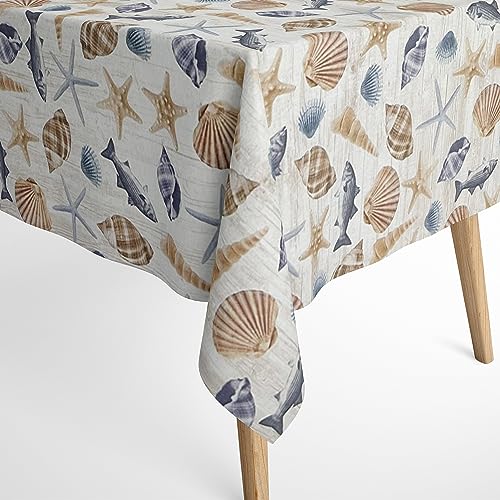 Jacquard Tischdecke aus beschichteter Baumwolle mit Fleckenschutz Oceania maritim Muscheln Seestern auf Holz eckig rund oval Rand: Baumwollpaspel, Größe 140 x 220 cm eckig von KEVKUS
