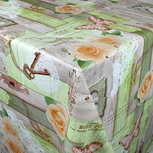 KEVKUS Wachstuch Tischdecke 01375-03 Blumen orange Rosen auf Holz grün wählbar in eckig rund oval (Rand: Schnittkante (ohne Einfassung), 120 x 180 cm eckig) von KEVKUS