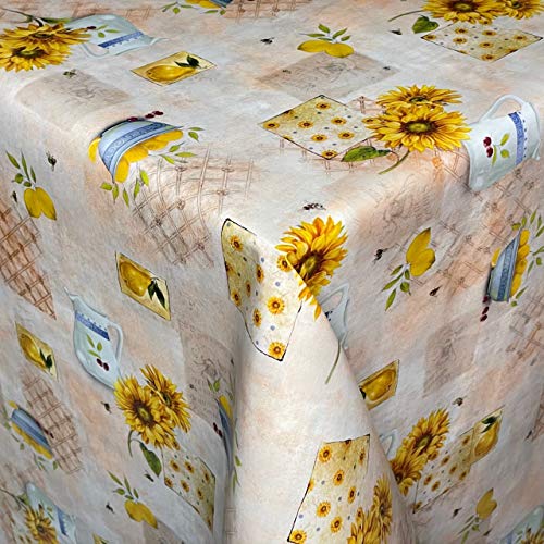 KEVKUS Wachstuch Tischdecke 01554-01 Sonnenblumen Bürgel Zitronen Blumen Sommer Garten wählbar in eckig rund oval (Rand: Schnittkante (ohne Einfassung), 100 x 140 cm eckig) von KEVKUS