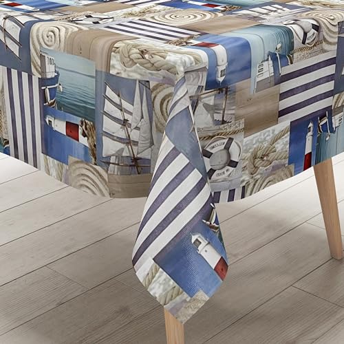 KEVKUS Wachstuch Tischdecke 582-1 maritim Leuchtturm Boot Holz wählbar in eckig, rund und oval - Größe eckig 140x220cm Schnittkante von KEVKUS