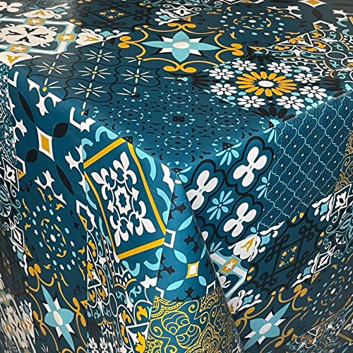 KEVKUS Wachstuch Tischdecke B5010-04 Mosaik Fliesen Petrol gelb Portugal in eckig rund oval (Rand: Schnittkante (ohne Einfassung), 140 x 240 cm eckig) von KEVKUS