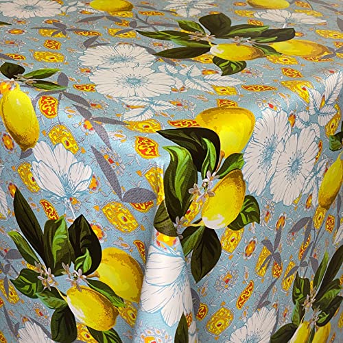 KEVKUS Wachstuch Tischdecke B6025-02 Zitronen Blumen hellblau eckig rund oval (Rand: Schnittkante (ohne Einfassung), 140 x 300 cm eckig) von KEVKUS