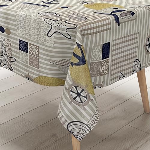 KEVKUS Wachstuch Tischdecke B6035-02 maritim Anker Seestern Holz wählbar in eckig, rund und oval - Größe eckig 100x140cm mit Paspelband von KEVKUS