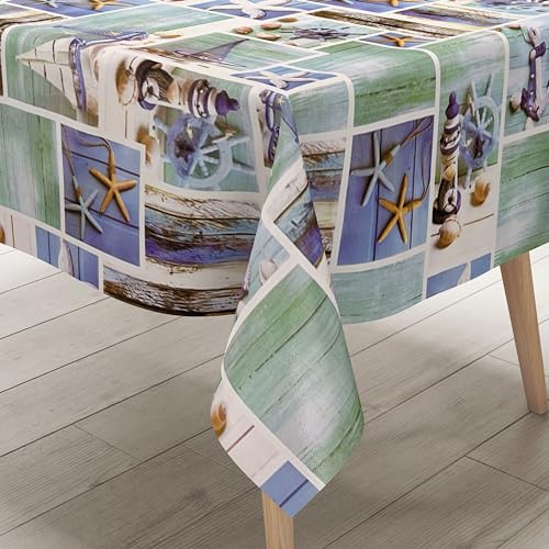 KEVKUS Wachstuch Tischdecke B9071-01 maritim Seestern Leuchtturm Holz wählbar in eckig, rund und oval - Größe eckig 120x150cm Schnittkante von KEVKUS