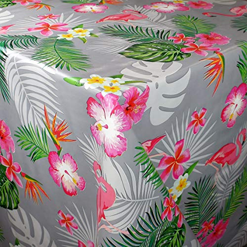 KEVKUS Wachstuch Tischdecke C144661 Flamingo Blüten Palmen Blumen auf grau wählbar in eckig rund oval (Rand: Schnittkante (ohne Einfassung), 140 x 220 cm eckig) von KEVKUS