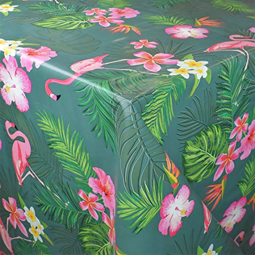 KEVKUS Wachstuch Tischdecke C144663 Flamingo Blüten Palmen Blumen auf grün wählbar in eckig rund oval (Rand: Schnittkante (ohne Einfassung), 110 x 260 cm eckig Biertisch XXL) von KEVKUS