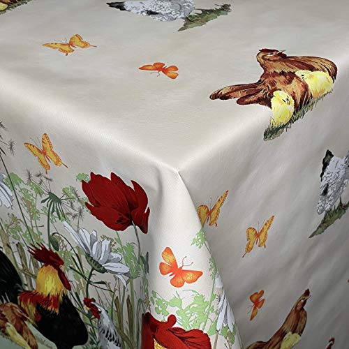 KEVKUS Wachstuch Tischdecke C146261 Bauernhof Hahn Hühner Ostern beige eckig rund oval (Rand: Paspel (mit Kunststoffband), 120 x 140 cm eckig) von KEVKUS