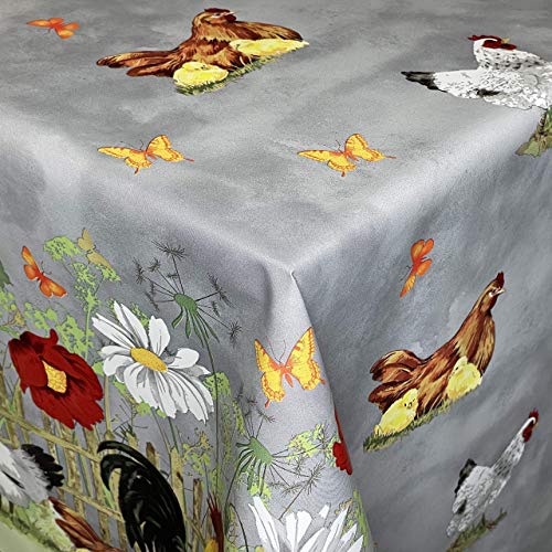 KEVKUS Wachstuch Tischdecke C146262 Bauernhof Hahn Hühner Ostern grau eckig rund oval (Rand: Paspel (mit Kunststoffband), 140 x 140 cm eckig) von KEVKUS