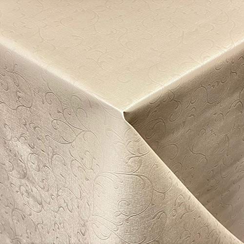 KEVKUS Wachstuch Tischdecke Damast geprägt 03038-08 Blumen Ornamente floralCreme Champagner beige eckig rund oval (Rand: Paspel (mit Kunststoffband), 140 x 320 cm eckig) von KEVKUS