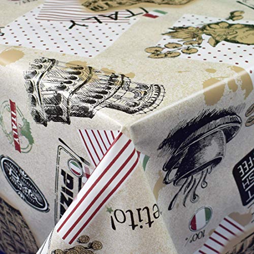 KEVKUS Wachstuch Tischdecke Meterware 01014-00 Italien Pizza Pasta Coffee wählbar in eckig rund oval (Umrandung: Paspelband, 140 cm rund) von KEVKUS