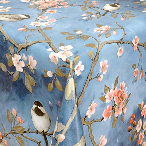 KEVKUS Wachstuch Tischdecke Meterware 01099-01 Meise Kirschblüte blau wählbar in eckig rund oval (Rand: Paspel (mit Kunststoffband), 140 x 220 cm oval) von KEVKUS