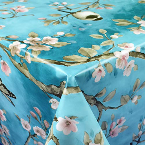 KEVKUS Wachstuch Tischdecke Meterware 01099-04 Meise Kirschblüte türkis wählbar in eckig rund oval (Rand: gehäkelte Bordüre, 100 x 140 cm eckig) von KEVKUS