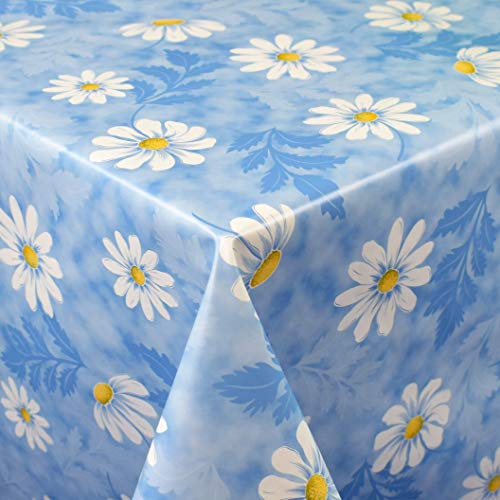 KEVKUS Wachstuch Tischdecke Meterware 01110-01 Margerite hellblau wählbar in eckig rund oval (Rand: Schnittkante, 140 x 240 cm oval) von KEVKUS