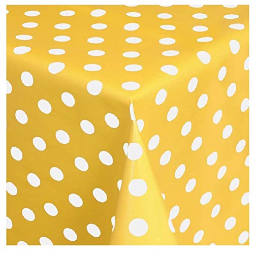 KEVKUS Wachstuch Tischdecke Meterware 01150-10 Punkte gelb Polka dot Größe wählbar in eckig rund oval mit Paspel Borte Schnittkante (Borte (gehäkelte Bordüre), 90 x 240 cm eckig (Biertisch XL)) von KEVKUS
