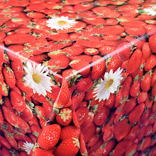 KEVKUS Wachstuch Tischdecke Meterware 01156-00 Erdbeeren Fotodruck rot wählbar in eckig rund oval (Umrandung: gehäkelte Bordüre, 140 cm rund) von KEVKUS