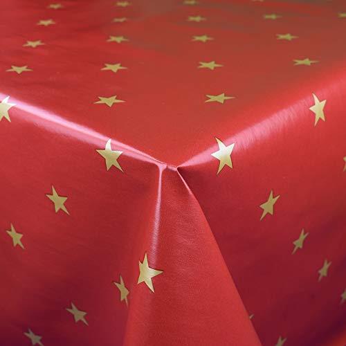 KEVKUS Wachstuch Tischdecke Meterware 01280 Weihnachten goldene Sterne auf rot wählbar in eckig rund oval (Rand: Schnittkante (ohne Einfassung), 100 x 140 cm eckig) von KEVKUS