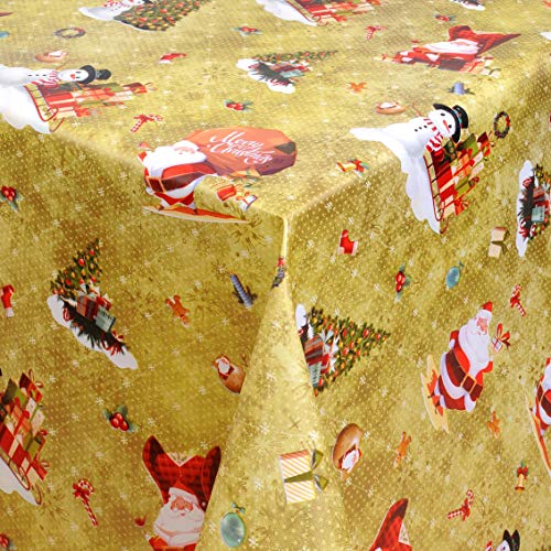 KEVKUS Wachstuch Tischdecke Meterware 01334-01 Merry Christmas Gold Weihnachten rot wählbar in eckig rund oval (Rand: Borte (gehäkelte Bordüre), 120 x 160 cm eckig) von KEVKUS