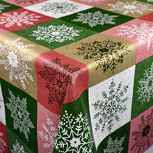 KEVKUS Wachstuch Tischdecke Meterware 01355-05 Weihnachten Schneeflocken kariert grün rot Gold wählbar in eckig rund oval (Rand: Paspel (mit Kunststoffband), 140 x 160 cm eckig) von KEVKUS