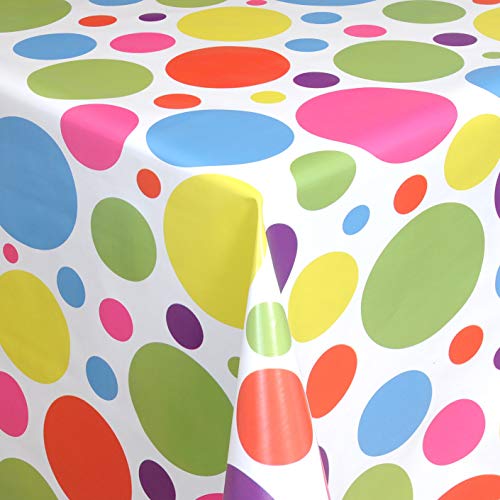 KEVKUS Wachstuch Tischdecke Meterware 06021-00 Bunte Punkte auf weiß wählbar in eckig rund oval (Rand: gehäkelte Bordüre, 130 x 170 cm oval) von KEVKUS
