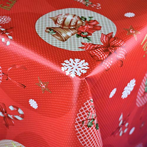 KEVKUS Wachstuch Tischdecke Meterware 06074-00 Weihnachten Schneeflocke Weihnachtsglocke rot wählbar in eckig rund oval (Rand: Paspel (mit Kunststoffband), 140 x 200 cm eckig) von KEVKUS