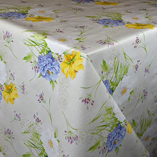 KEVKUS Wachstuch Tischdecke Meterware C144491 Bunte Blumen Sommer Wiesenblumen Garten wählbar in eckig rund oval (Rand: Borte (gehäkelte Bordüre), 120 x 140 cm eckig) von KEVKUS