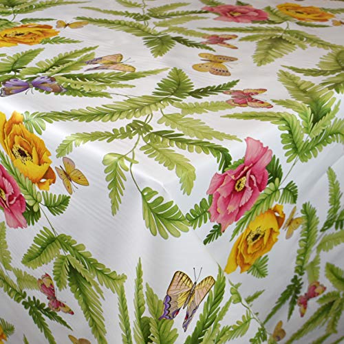 KEVKUS Wachstuch Tischdecke Meterware C146031 Blüten Blumen Schmetterlinge Farn auf weiß wählbar in eckig rund oval (Rand: Schnittkante (ohne Einfassung), 140 x 280 cm eckig) von KEVKUS