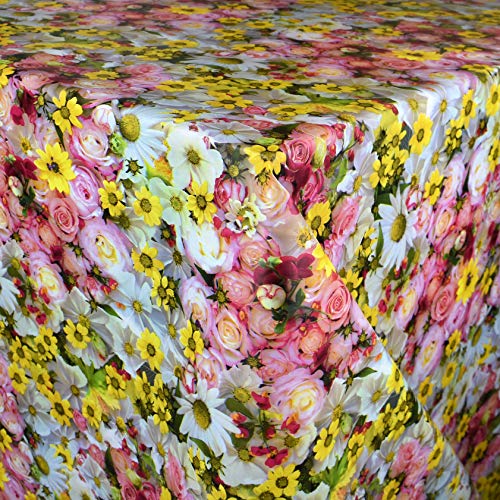 KEVKUS Wachstuch Tischdecke Meterware E190 Rosen Margeriten Blumen Sommer Garten wählbar in eckig rund oval (Rand: Schnittkante (ohne Einfassung), 140 cm rund) von KEVKUS