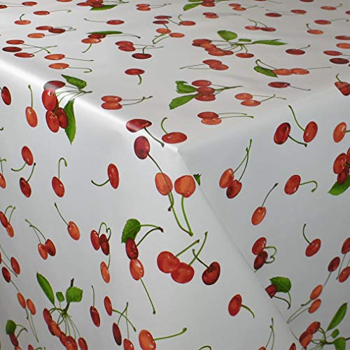 KEVKUS Wachstuch Tischdecke Meterware K150178 Kirschen Obst auf weiß Garten Küche wählbar in eckig rund oval (Rand: Borte (gehäkelte Bordüre), 140 cm rund) von KEVKUS