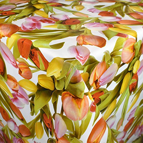 KEVKUS Wachstuch Tischdecke Meterware M19218 Bunte Tulpen auf weiß Frühjahr Garten Küche wählbar in eckig rund oval (Rand: Borte (gehäkelte Bordüre), 140 x 240 cm eckig) von KEVKUS