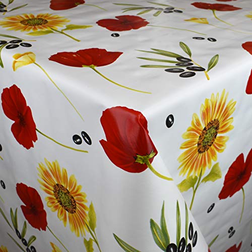 KEVKUS Wachstuch Tischdecke Meterware M19266 Mohnblumen Sonnenblumen Oliven auf weiß wählbar in eckig rund oval (Rand: Paspel (mit Kunststoffband), 120 x 160 cm oval) von KEVKUS