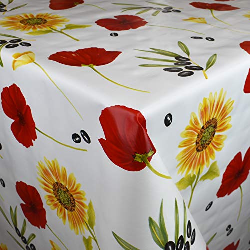 KEVKUS Wachstuch Tischdecke Meterware M19266 Mohnblumen Sonnenblumen Oliven auf weiß wählbar in eckig rund oval (Rand: Schnittkante (ohne Einfassung), 120 x 140 cm eckig) von KEVKUS