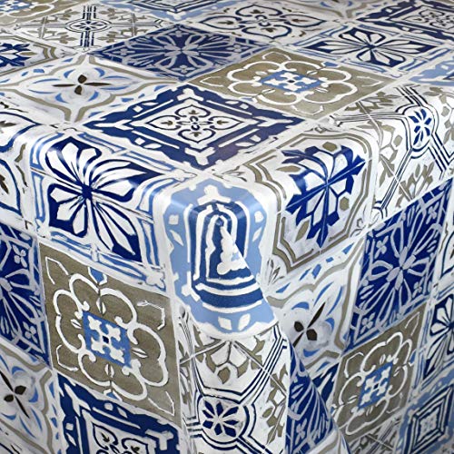 KEVKUS Wachstuch Tischdecke Meterware M19359 Mosaik Fliesen blau beige Portugal wählbar in eckig rund oval (Rand: Schnittkante (ohne Einfassung), 130 x 170 cm oval) von KEVKUS