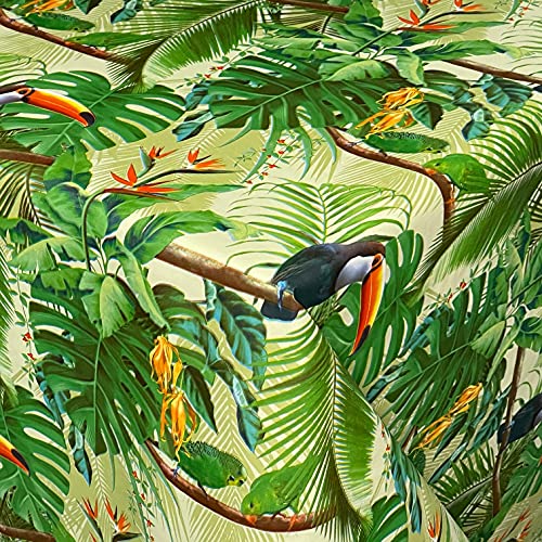 KEVKUS Wachstuch Tischdecke geprägt KE41510 Dschungel Tucan Palmen eckig rund oval (Rand: Borte (gehäkelte Bordüre), 140 x 200 cm oval) von KEVKUS