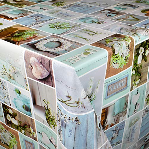 KEVKUS Wachstuch Tischdecke geprägt Meterware B4030-01 Holz Blumen Herz Garten Vase Kräuter Vogelhaus wählbar in eckig rund oval (Rand: Paspel (mit Kunststoffband), 140 x 160 cm eckig) von KEVKUS