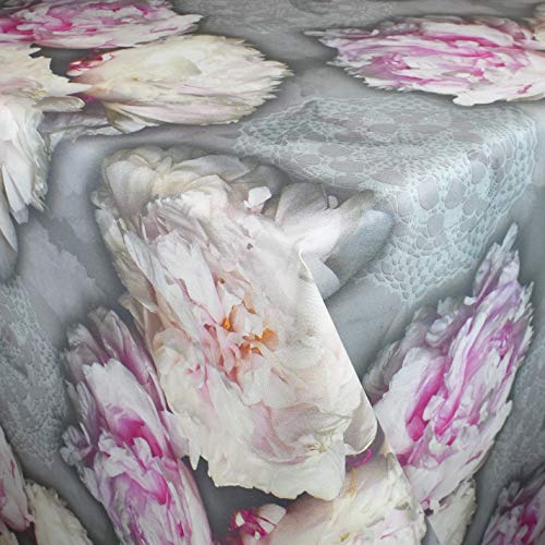 KEVKUS Wachstuch Tischdecke geprägt Meterware M19348 Pfingstrosen Blumen Strick rosa auf grau floral wählbar in eckig rund oval (Rand: Paspel (mit Kunststoffband), 120 x 160 cm eckig) von KEVKUS