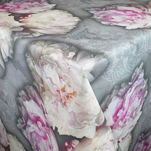 KEVKUS Wachstuch Tischdecke geprägt Meterware M19348 Pfingstrosen Blumen Strick rosa auf grau floral wählbar in eckig rund oval (Rand: Paspel (mit Kunststoffband), 130 x 160 cm eckig) von KEVKUS