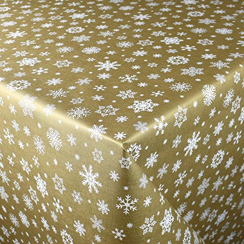 KEVKUS Wachstuch Tischdecke geprägt Meterware P1096-1 Weihnachten Advent Schneeflocke Gold wählbar in eckig rund oval (Rand: Borte (gehäkelte Bordüre), 120 cm rund) von KEVKUS
