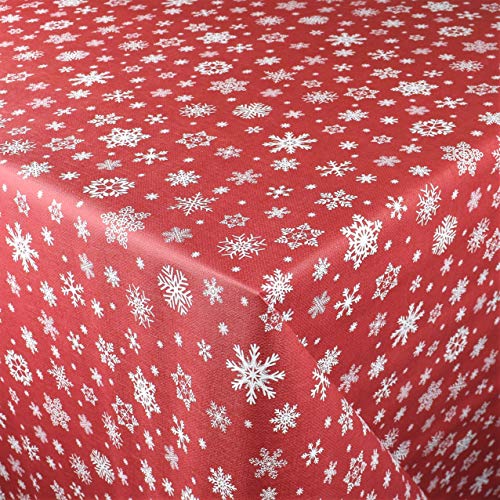 KEVKUS Wachstuch Tischdecke geprägt Meterware P1096-3 Weihnachten Advent Schneeflocke rot wählbar in eckig rund oval (Rand: Borte (gehäkelte Bordüre), 120 x 140 cm eckig) von KEVKUS