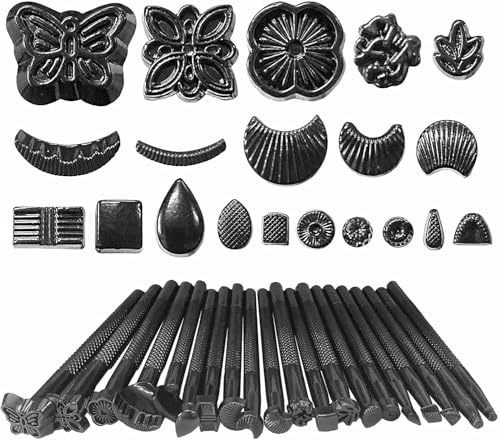 KEWAYO 20 Stücke Leder Stanzwerkzeug Set,Leder Prägestempel, Schwarze Stempel Werkzeuge DIY Punziereisen Kit Verschiedene Formen Stempel Set zur kunstvollen Bearbeitung von Leder ﻿ von KEWAYO