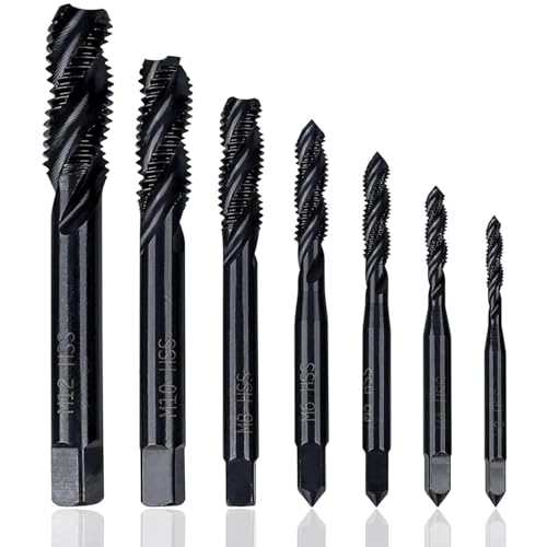 KEWAYO 7 Stück Gewindebohrer Set, HSS 6542 Nitrieren Metrisch Spiralnutbohrer, Maschinengewindebohrer Gewindebohrer Satz M3 M4 M5 M6 M8 M10 M12 für Metall Holz Bohrer von KEWAYO
