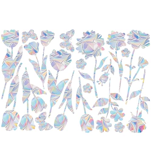 Fensteraufkleber, Regenbogen Fensterfolie, Vogelschutz, Blumen Fensteraufkleber, Aufkleber Fenster, Suncatcher Sticker, für Türfenster Esszimmer Schlafzimmer (20 Stück, Blume) von KEWUF