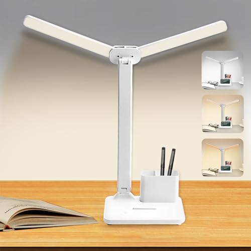 KEWUZY 40 LED Schreibtischlampe mit Dual Swing Arm,Touch Schreibtischlampe LED Dimmbar,3 Farbtemperatur Modi Stufenlose Helligkeit,Stifthalter für Büro,Schreibtischlampe Kinder von KEWUZY