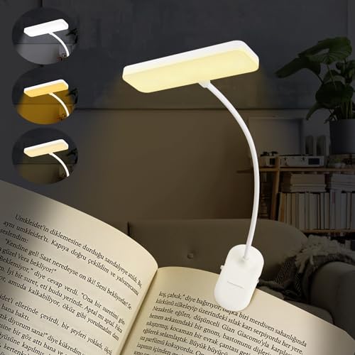 KEWUZY Leselampe Buch Klemme mit 20 LEDs,3 Farbtemperatur Modi (Weiß/Bernstein/Gemischt), Stufenlose Helligkeit, USB Wiederaufladbare Klemmlampe, 360° Flexibel Leselicht für Nachtlesen ins Bett von KEWUZY