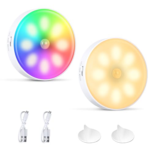 Nachtlicht mit Bewegungsmelder, 2 Stück, Farbwechsel RGB LED Leuchte, Treppenbeleuchtung, 7 Farbwechsel Schrankbeleuchtung, RGB/Warm/Off, USB Wiederaufladbar, für Flur, Treppe, Schlafzimmer, Schrank von KEWUZY