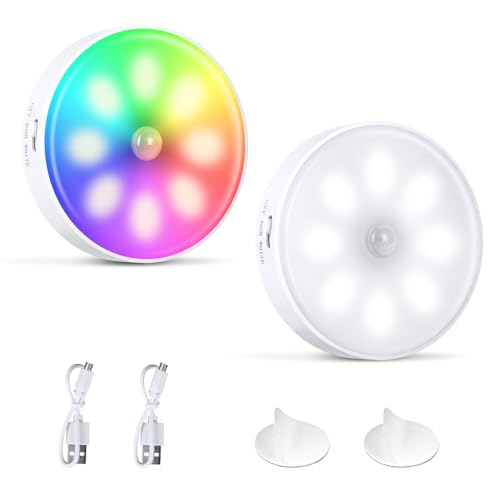 Nachtlicht mit Bewegungsmelder, 2 Stück, Farbwechsel RGB LED Leuchte, Treppenbeleuchtung, 7 Farbwechsel Schrankbeleuchtung, RGB/White/Off, USB Wiederaufladbar, für Flur, Treppe, Schlafzimmer, Schrank von KEWUZY