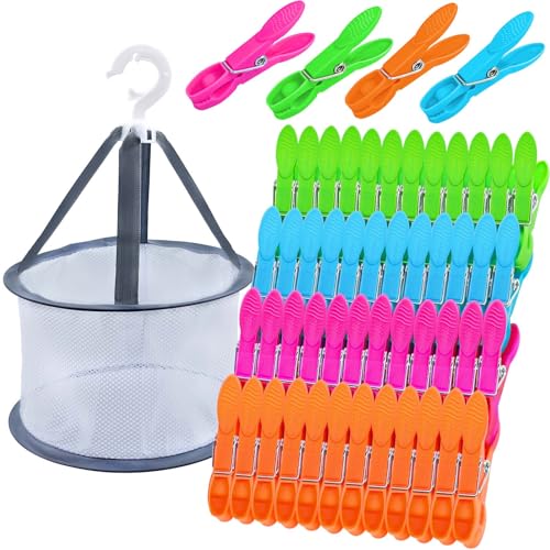 KEYBOO 48 Stück Wäscheklammern with Wäscheklammern Korb, Windfeste Bunte klammerbeutel für wäscheklammern, Plastik Wäscheklammerns Ohne Abdruck sockenklammern für Wäscheleinen und Kleidung, Socken von KEYBOO