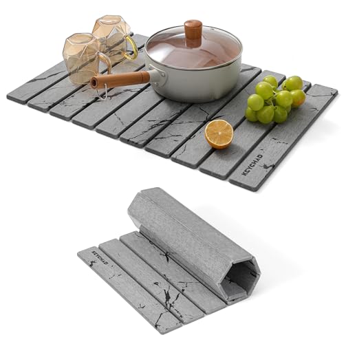 KEYCHAD Große Stein-Trockenmatte für Küchentheke, 61 x 40 cm, schnell trocknend, zusammenklappbar, super saugfähige Kieselgur-Matte, Stein-Abtropfmatte für Tassen, Geschirr, Flaschen (Schiefer) von KEYCHAD