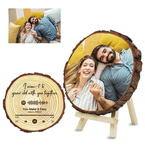 KEYE Personalisierte Holzscheibe mit Foto Scannbar Spotify Code, Baumscheibe mit Fotogravur, 15cm Naturholz, Personalisierte Geschenke zum Jubiläum Jahrestag Hochzeit Dekor von KEYE