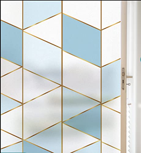 Fensterfolie Selbsthaftend Blickdicht Blaues Gold geometrisch Sichtschutzfolie Fensterfolie Anti-UV Dekorfolie Statisch Fensteraufkleber für Wohnzimmer Küche Büro (90x200 cm) von KEYESMINER